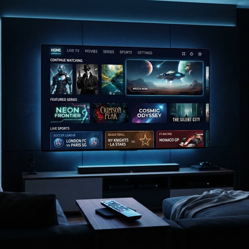 A large flat screen TV displaying a menu of movies and TV shows.