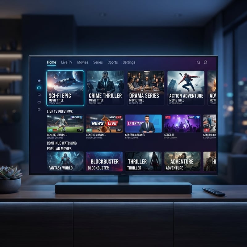 A flat screen TV with a menu of movies and shows on it.