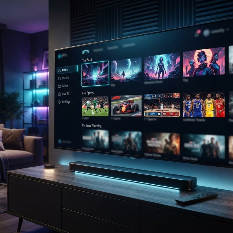 A large flat screen TV with a menu of IPTV channels.