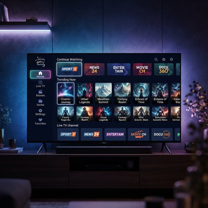A flat screen TV with a menu of channels including IPTV.