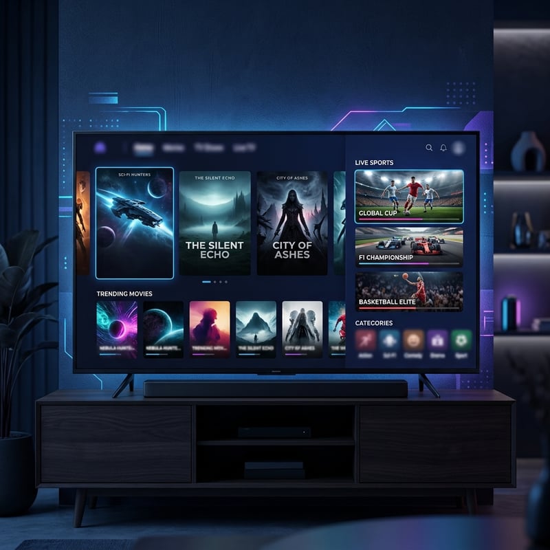 A flat screen TV with a menu of movies and shows on it.