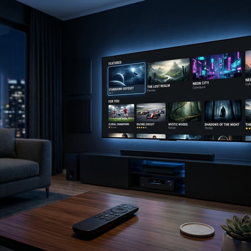 A large flat screen TV with a remote control and a potted plant in front of it.