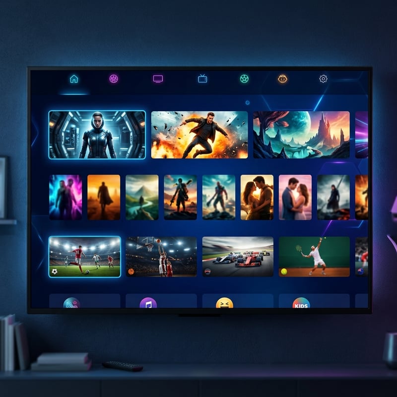 A flat screen TV with a menu of IPTV channels.