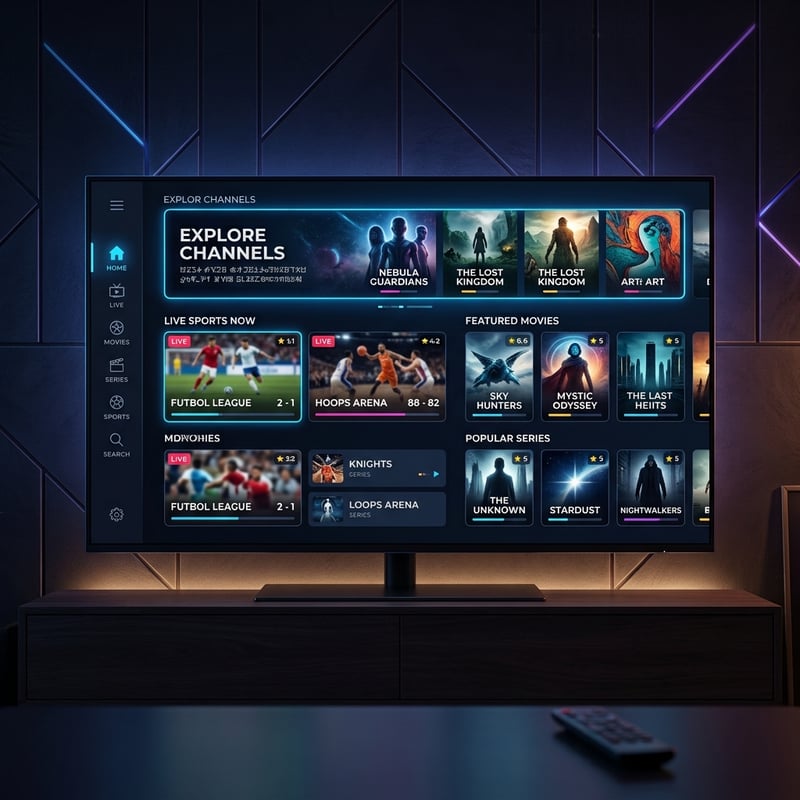 A flat screen TV with a menu of channels including IPTV.