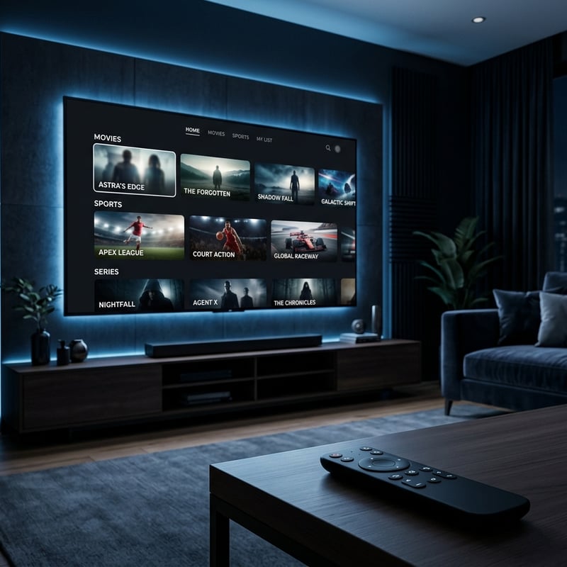A flat screen TV with a black frame displaying a menu of movies and shows.