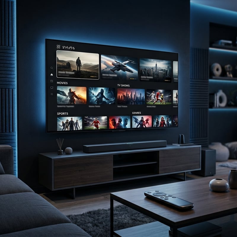 A large flat screen TV with a menu of movies and shows on it.