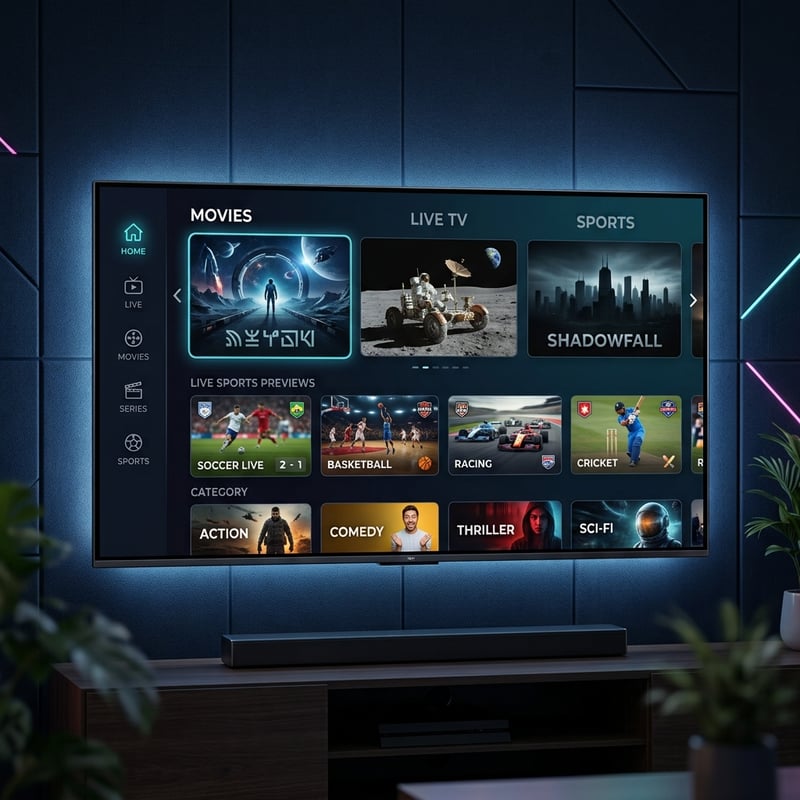 A flat screen TV with a menu of movies, live TV, sports, and other channels.