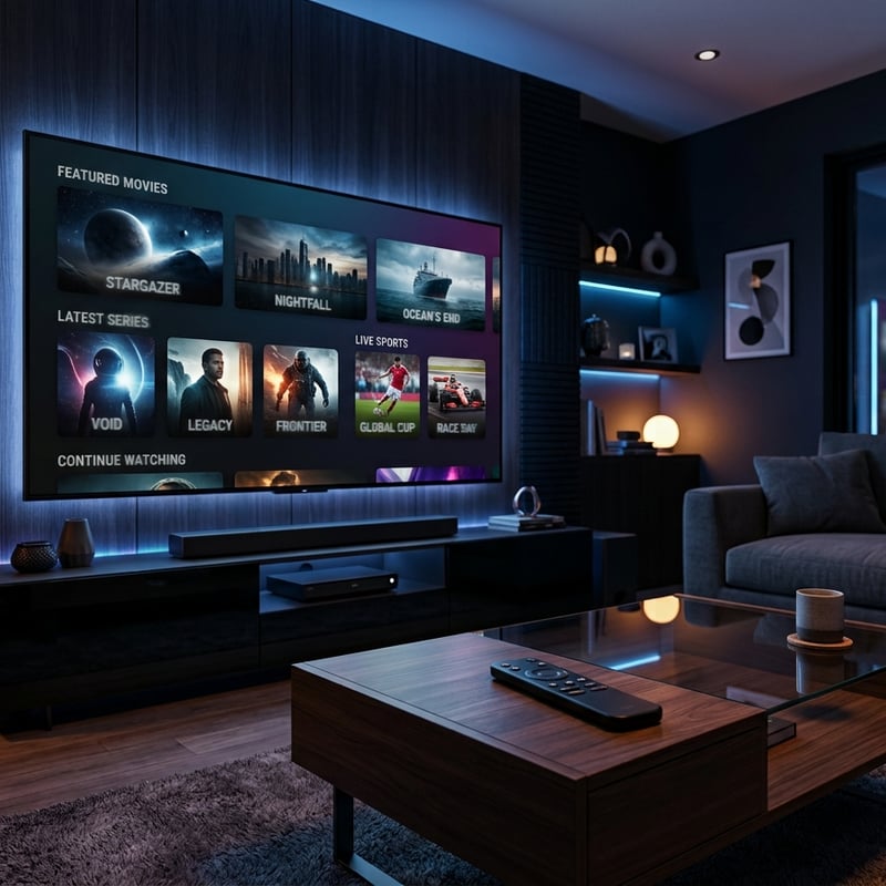 A large flat screen TV with a menu of movies and shows on it.