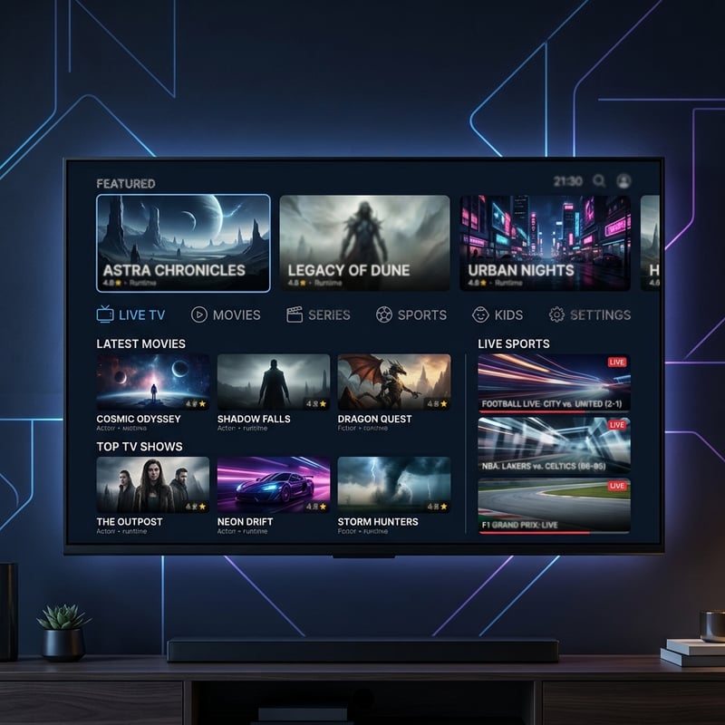 A flat screen TV displaying a menu of IPTV channels.