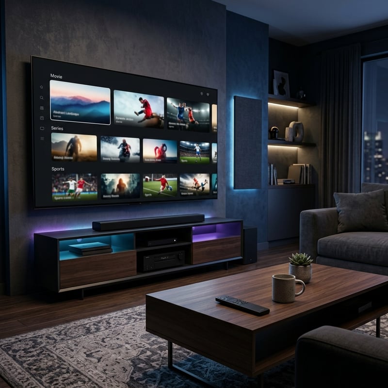 A large flat screen TV is mounted on the wall in a living room.