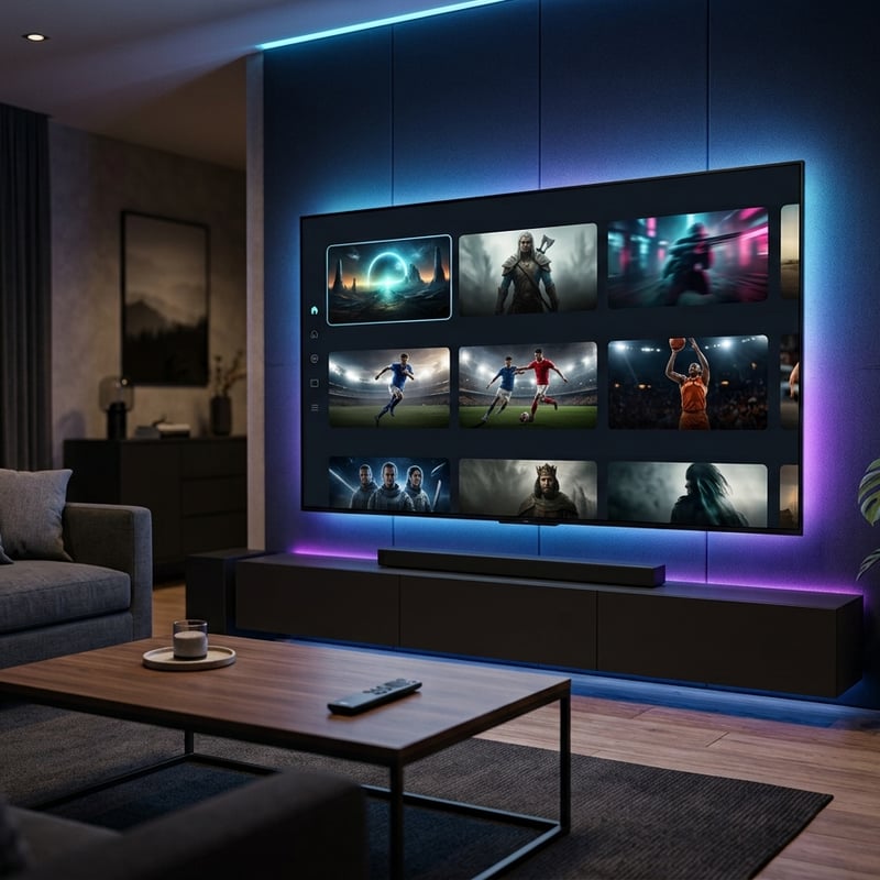 A large flat screen TV with a black frame and blue lights on the bottom.