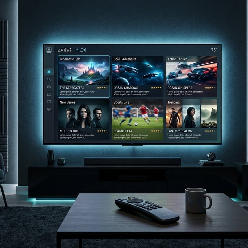 A flat screen TV with a menu of movies and shows on it.