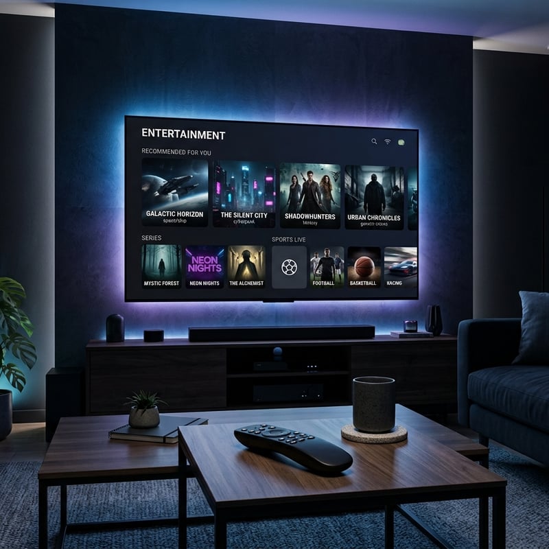 A flat screen TV with a menu of entertainment options.