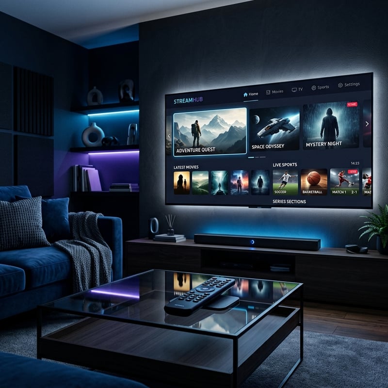A large flat screen TV with a blue frame and a blue background displaying a menu of IPTV options.