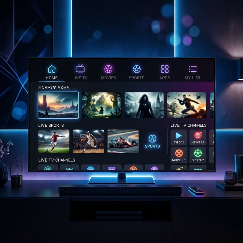 A flat screen TV with a menu of channels including live sports.