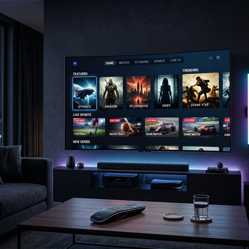 A large flat screen TV with a menu of movies and shows on it.