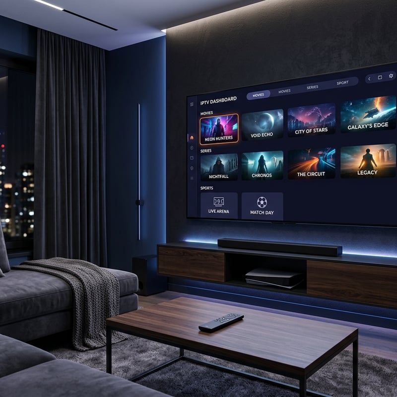 A large flat screen TV displaying a menu of IPTV options.