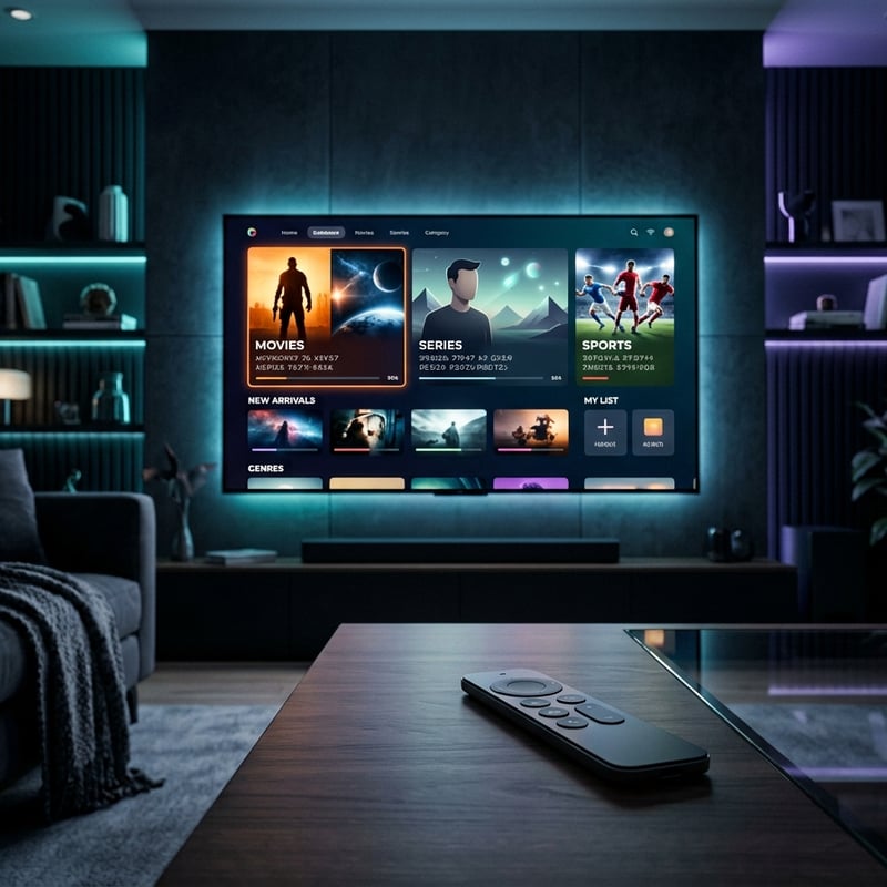 A flat screen TV with a remote control on a table in front of it.