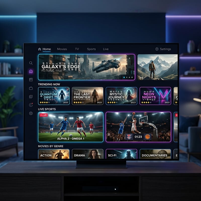 A flat screen TV with a menu of movies and shows on it.
