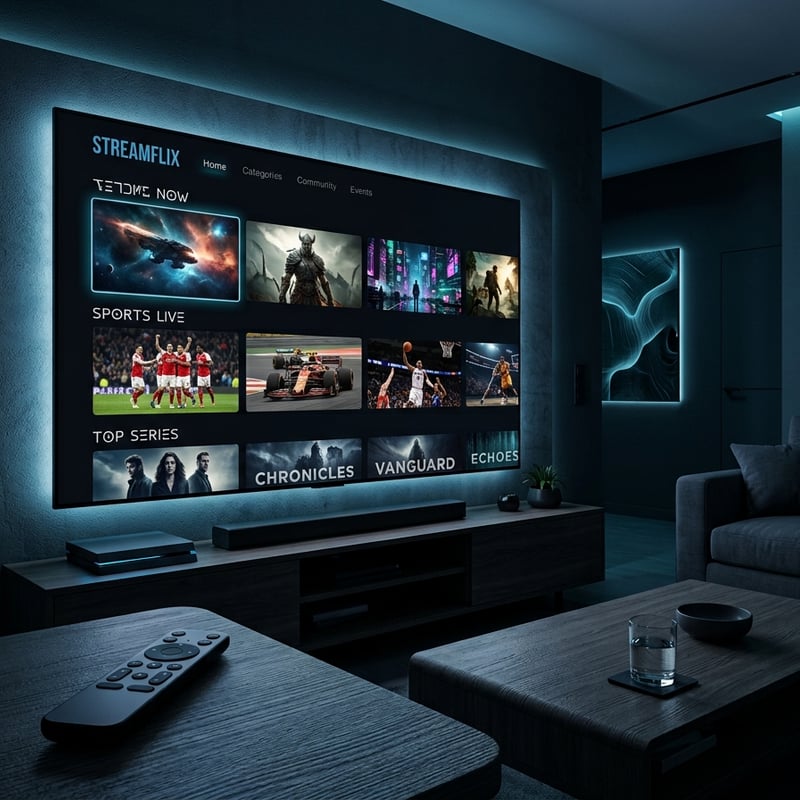 A large flat screen TV with a black frame displaying a variety of IPTV channels.