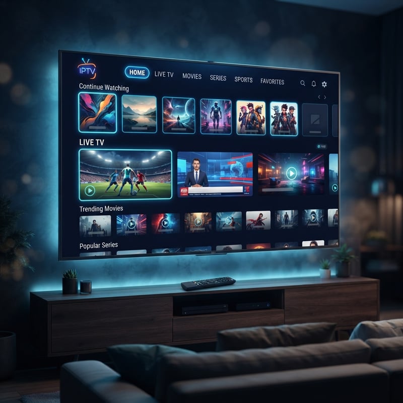 A large flat screen TV with a menu of IPTV options.