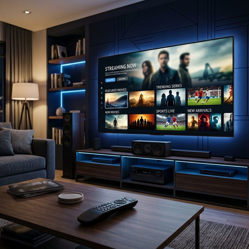 A large flat screen TV displaying a variety of shows and movies.