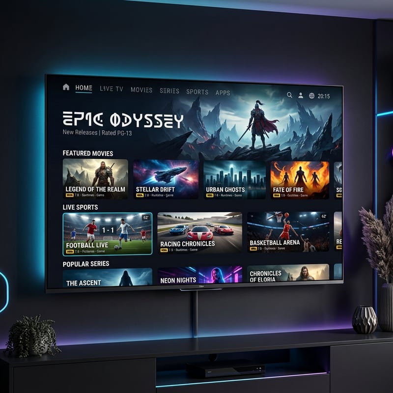 A flat screen TV with the channel Epic Odyssey on it.