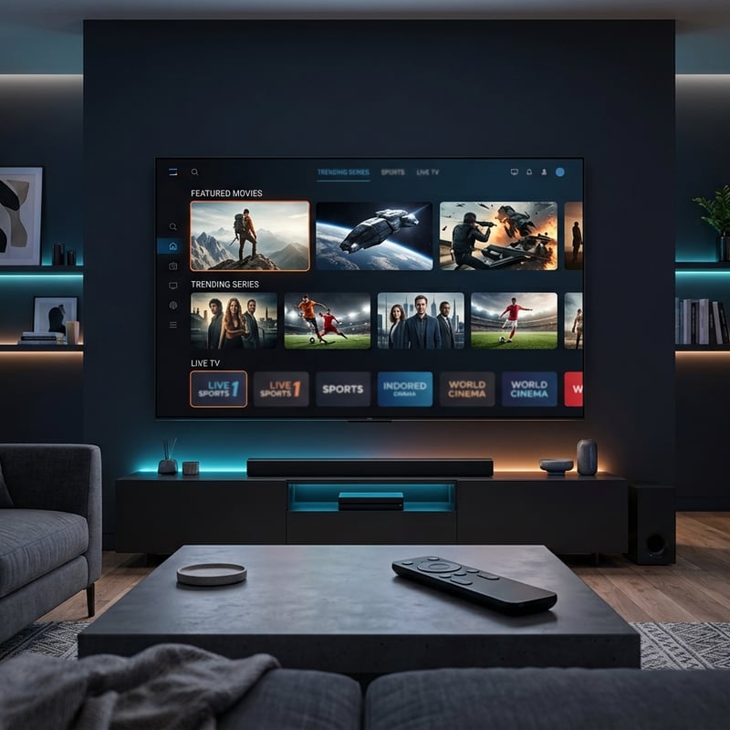 A large flat screen TV with a menu of IPTV channels.