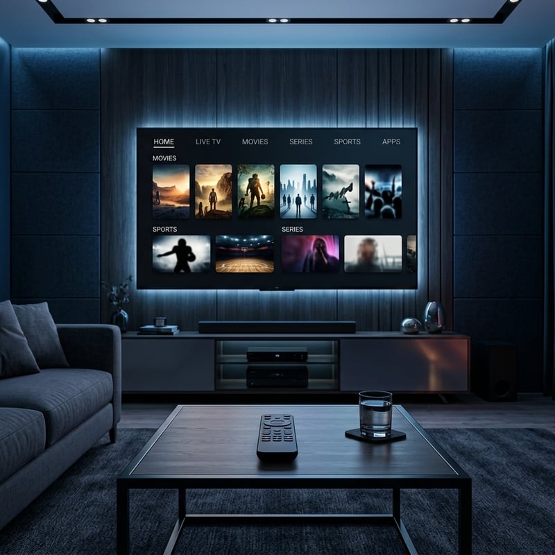 A large flat screen TV with a selection of movies and sports on it.