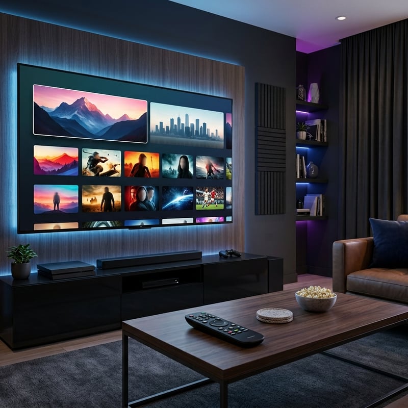 A large flat screen TV with a remote control in front of it.