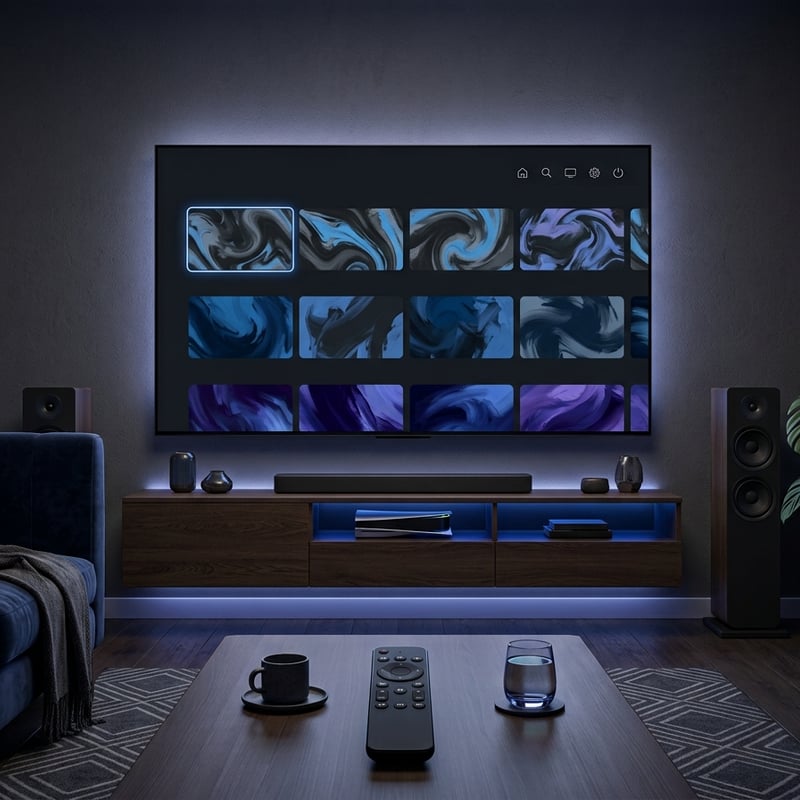 A large flat screen TV with a blue background and a remote control sitting on a table in front of it.