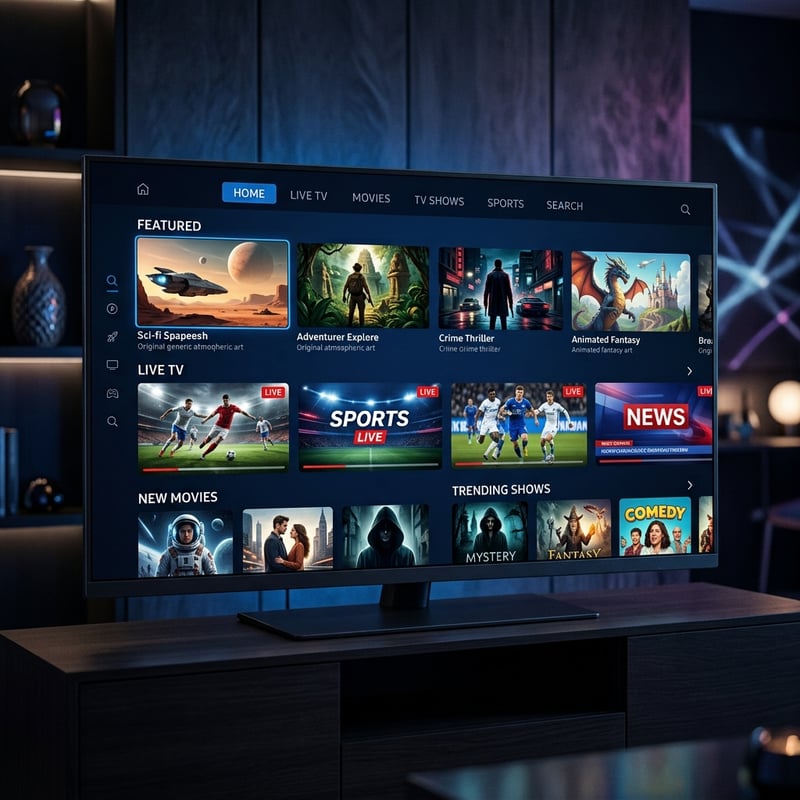 A flat screen TV with a menu of IPTV channels.