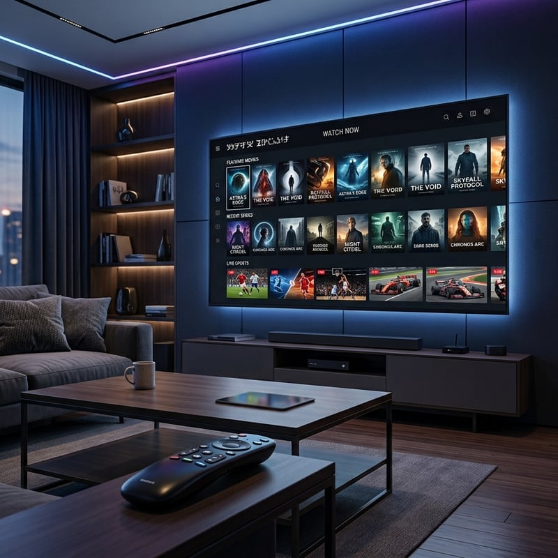 A large flat screen TV with a menu of movies and shows on it.