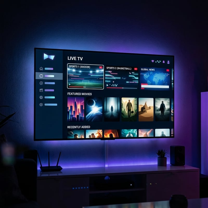 A large flat screen TV with a purple light underneath it displaying a menu of IPTV options.