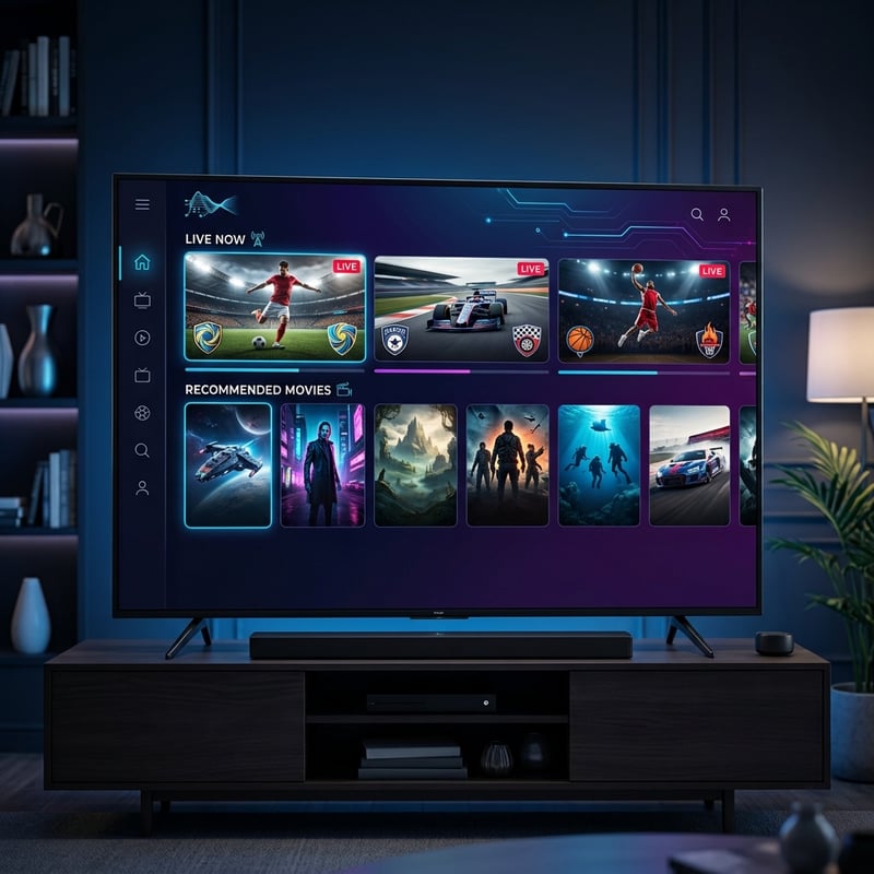 A large flat screen TV with a selection of movies and shows displayed on the screen.