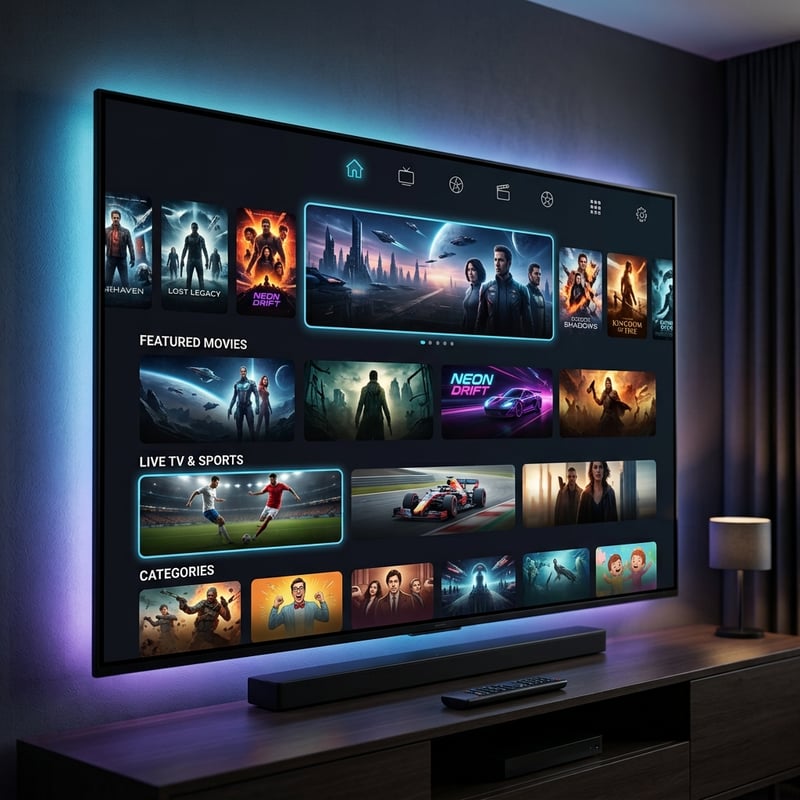 A large flat screen TV with a menu of movies and shows on it.