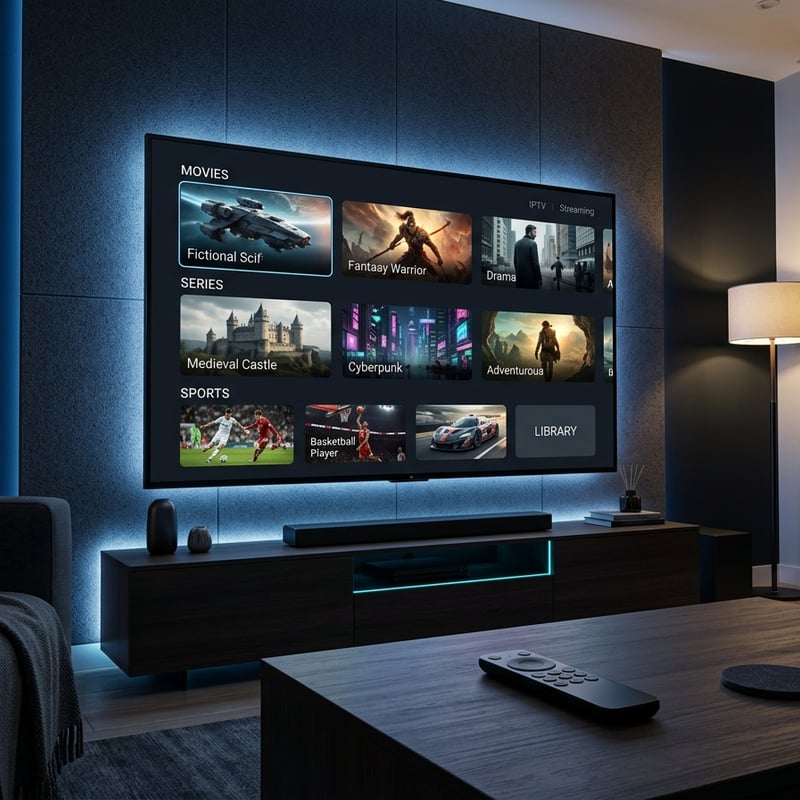 A large flat screen TV with a menu of movies and shows on it.