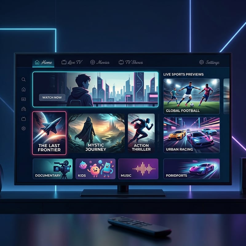 A flat screen TV displaying a menu of IPTV channels.