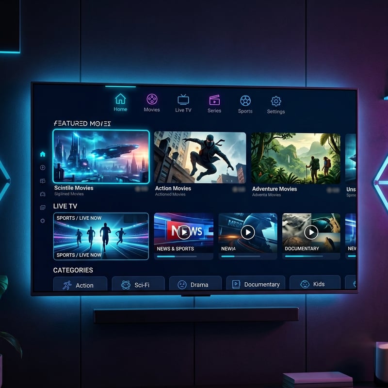 A large flat screen TV with a selection of movies and TV shows displayed on the screen.