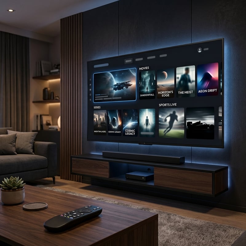 A large flat screen TV with a black frame and a remote control sitting on a table in front of it.