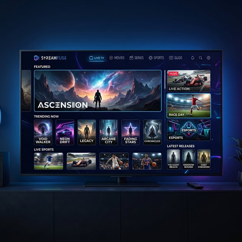 A flat screen TV with a menu of IPTV channels.
