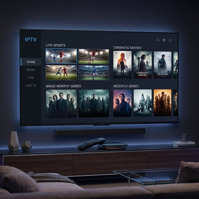 A flat screen TV displaying a menu of movies and shows.