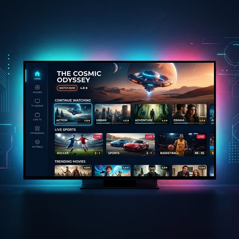 A flat screen TV with a menu of movies and shows on it.