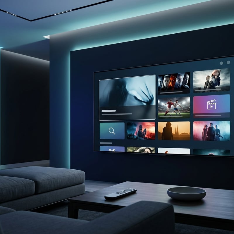 A large flat screen TV with a blue background displaying many different shows.