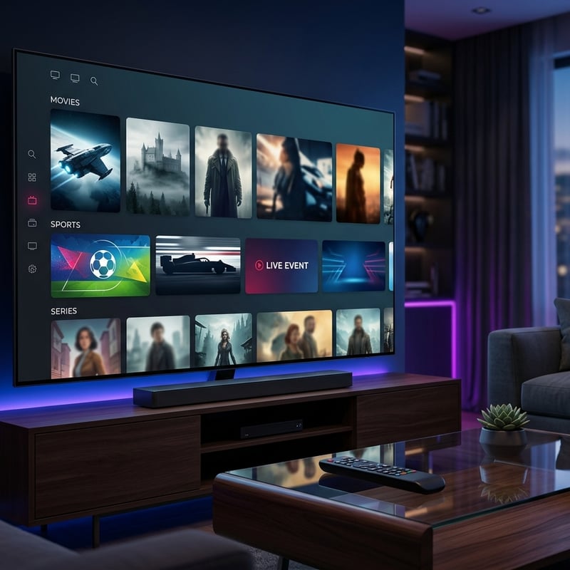 A large flat screen TV with a menu of movies and shows on it.