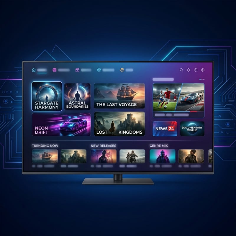 A large screen TV with a menu of movies and games.