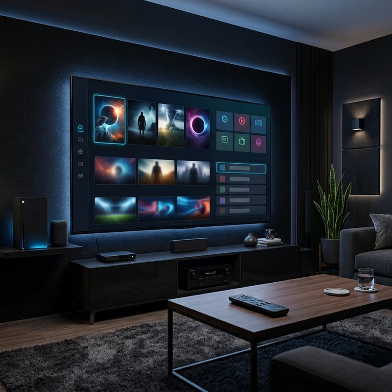 A large flat screen TV with a black frame and a black background displaying a menu of IPTV options.