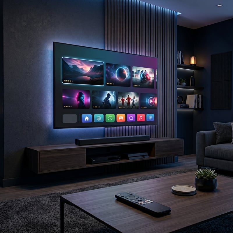 A large flat screen TV with a remote control in front of it.