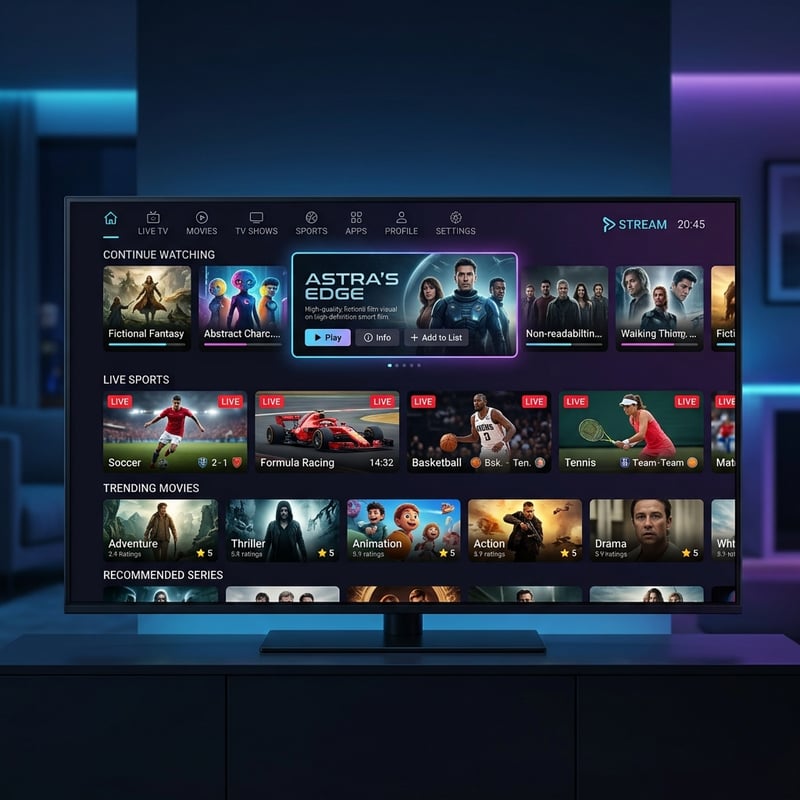 A flat screen TV with a menu of movies and shows on it.