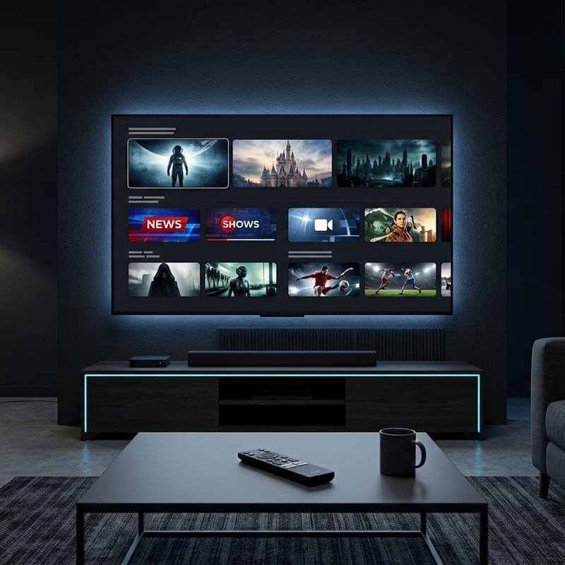A large flat screen TV with a remote control on a table in front of it.